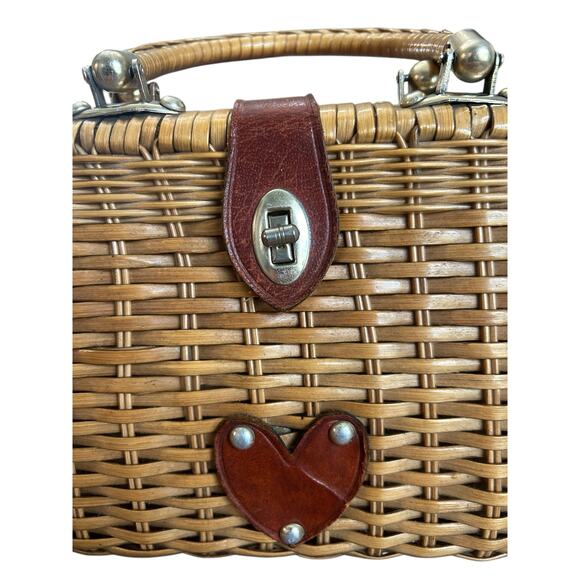 Vintage Lucky Bag Turn Lock Wicker Purse Leather Trim Heart Boho Fabric Lined - Picture 2 of 10